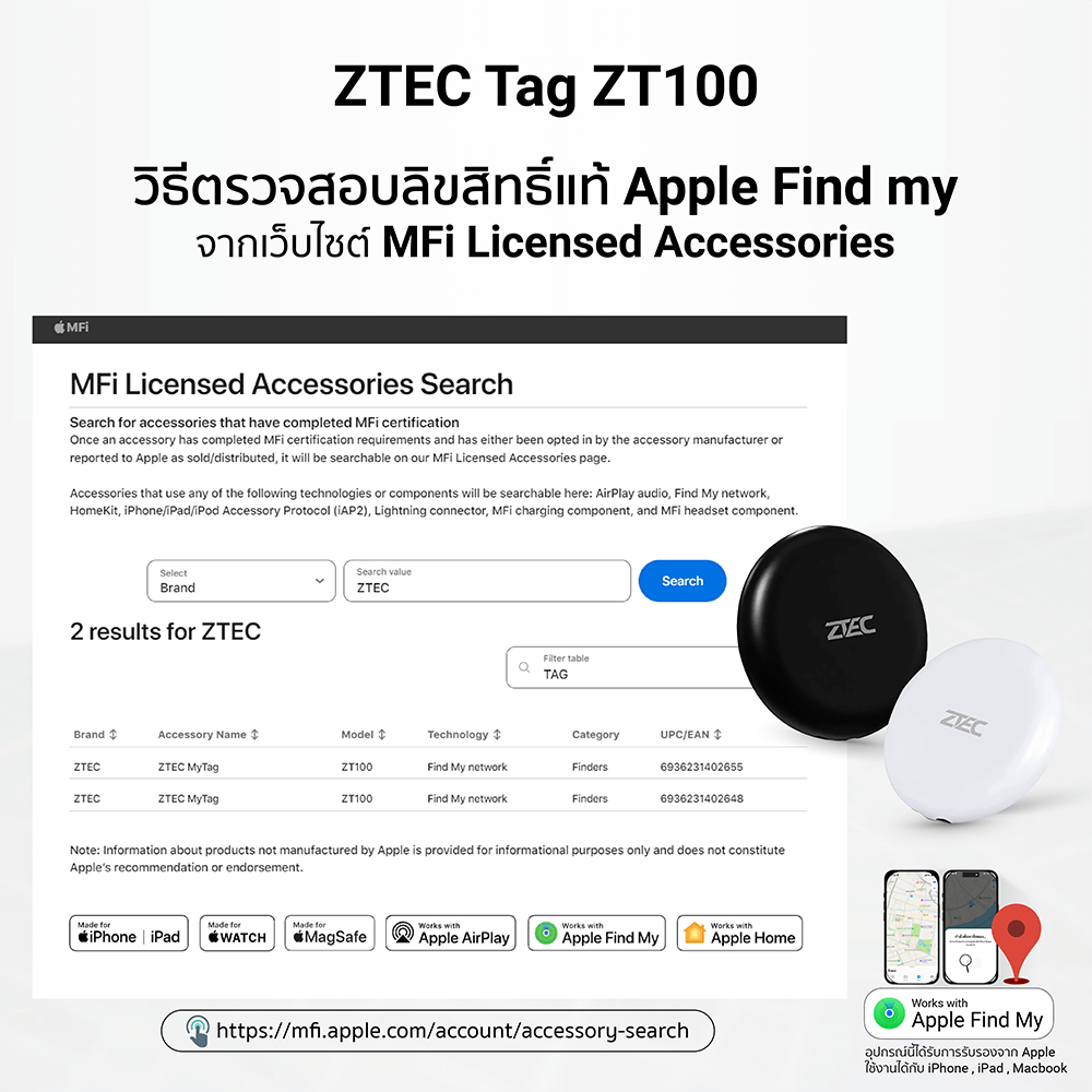 อุปกรณ์ติดตาม ZTEC Tag ZT100 สีขาว (ใช้งานกับแอปฯ Find My)